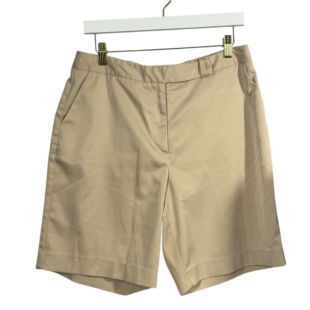 Talbots Size 12 Women’s Tan Beige Khaki flat front Long Bermuda Casual Shorts